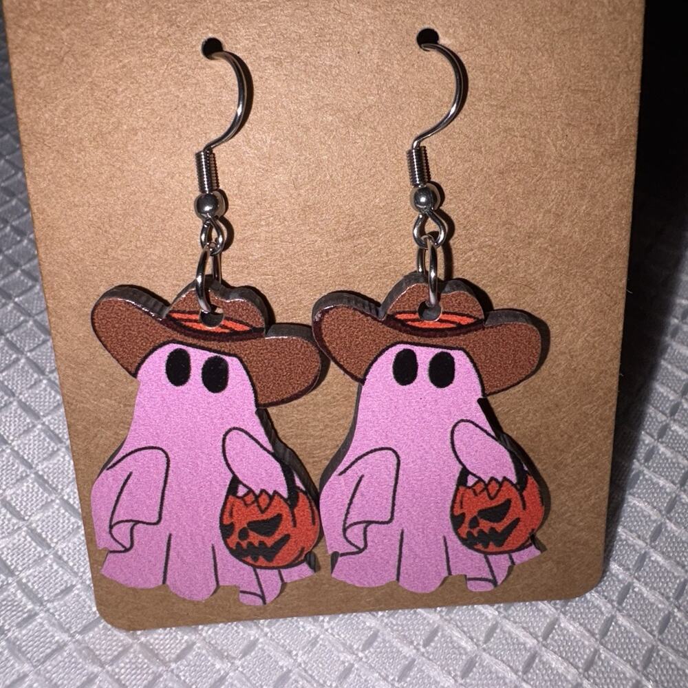 Halloween Pink Cowboy Hat Ghost Wood Earrings Dangle NEW